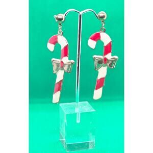 **5 for $25**/ Vintage Long Candy Cane w/Bow Dangle Enamel Earrings